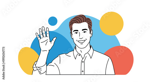 Friendly smiling man waving his hand with a greeting gesture against a background of blue and yellow circles.