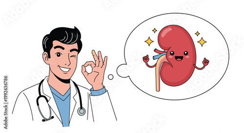 Smiling doctor in a white coat giving an OK hand sign with a thought bubble showing a happy kidney character.