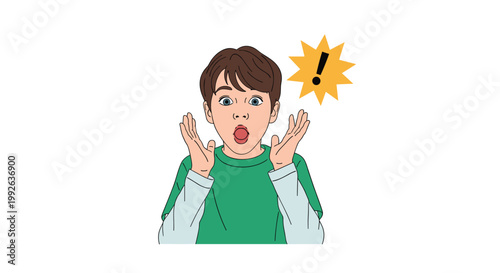 Young boy looking extremely surprised and shocked with his mouth wide open and hands raised next to his face.