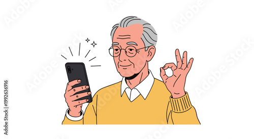 Happy senior man wearing glasses and a yellow sweater holding a smartphone and making an okay hand gesture.