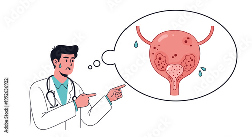 Concerned male doctor pointing to a medical illustration of an unhealthy human bladder with several abnormalities.