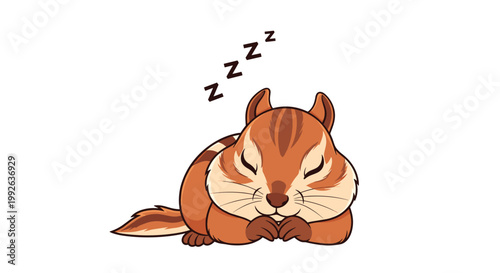 Adorable chipmunk sleeping soundly with its head resting on its paws and zzz symbols floating above its head.