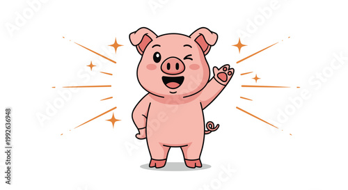 Happy cartoon pig winking and waving its hoof with sparkling light rays behind it on a clean white background.