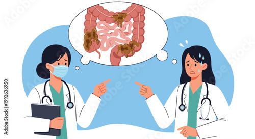 Two female doctors in masks and lab coats discussing a medical illustration of unhealthy intestines in a thought bubble.