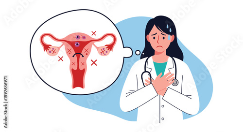 Concerned female doctor in a white coat thinking about a diseased uterus and ovaries shown in a thought bubble.