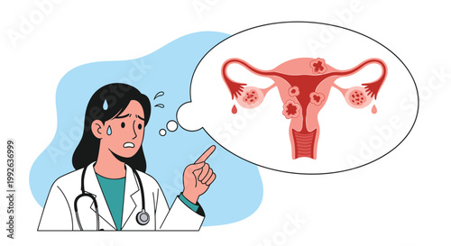 Worried female doctor in a white coat thinking about various medical issues related to the uterus and ovaries.