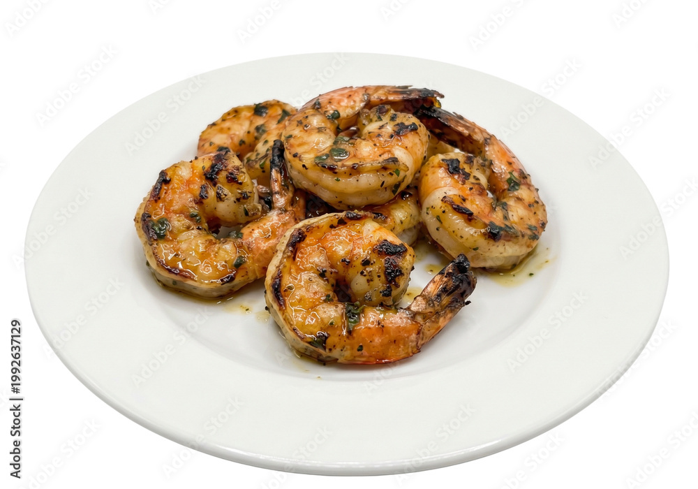 Fototapeta premium Grilled Shrimp on White Plate Closeup