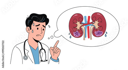 Stressed or concerned doctor thinking about a diagram of human kidneys showing signs of disease or stones with sweat drops.