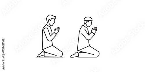 Two people kneeling in prayer a simple black and white illustration