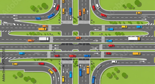 Busy highway intersection with multiple lanes and traffic flow.