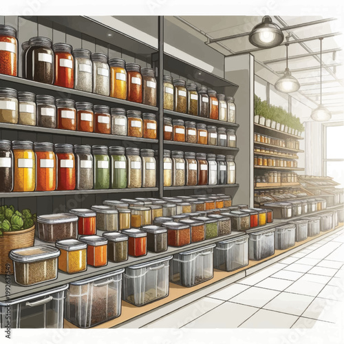 Spice Storage Containers on Shelves.