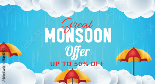 great monsoon season sale horizontal banner template with umbrellas