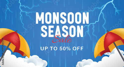 Monsoon season sale  banner with 3d clouds lightning