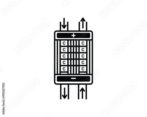 Electrodialysis reversal stack diagram with fluid flow arrows and polarity indicators.