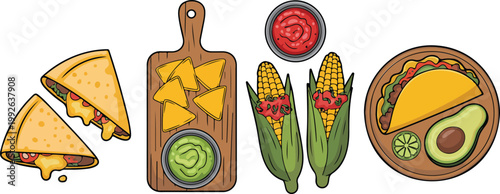 Chinese New Year greeting card with festive decorations and delicious traditional food illustration