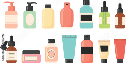 Cosmetic Packaging Vector Collection Featuring Pump Bottles, Jars, Tubes, and Dropper Designs for Skincare Products
