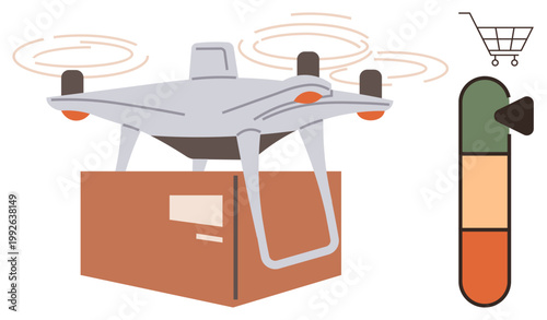 E-commerce, delivery, logistics, transportation, online shopping, supply chain. quadcopter carrying package with progress bar and shopping cart. E-commerce and delivery concepts