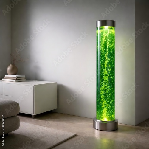 Algae bio-reactor glass cylinder in minimalist futuristic interior
