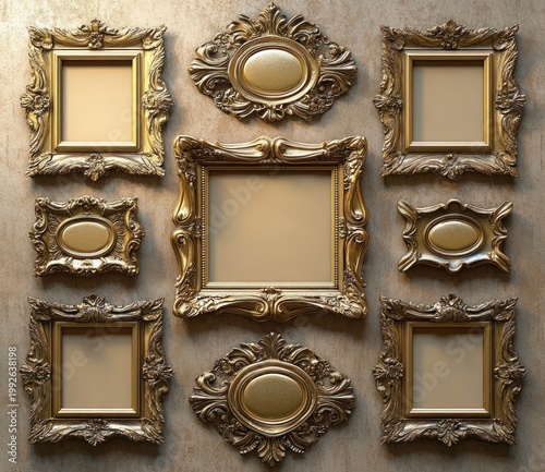 Grid of ornate gilded gold picture frames in square and oval shapes mounted on a textured wall, empty centers evoking an elegant luxurious antique and regal atmosphere