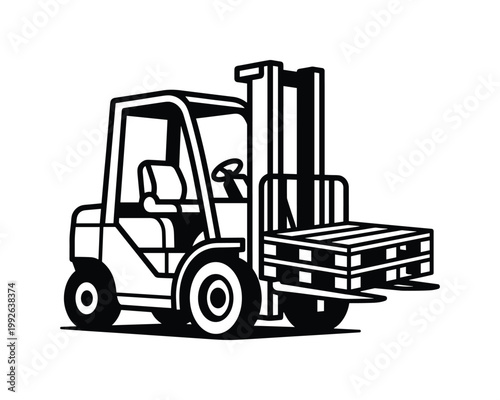 Forklift truck carrying a pallet, a high-quality minimalist vector line art illustration.