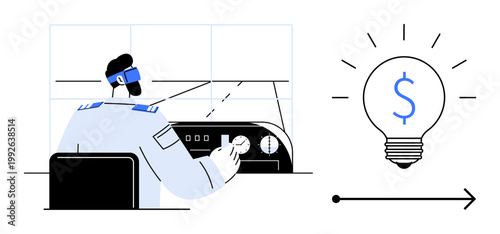 Technology, innovation, financial planning, energy efficiency, digital solutions, business growth. A person operates controls, with a lightbulb money. Financial planning and technology concept