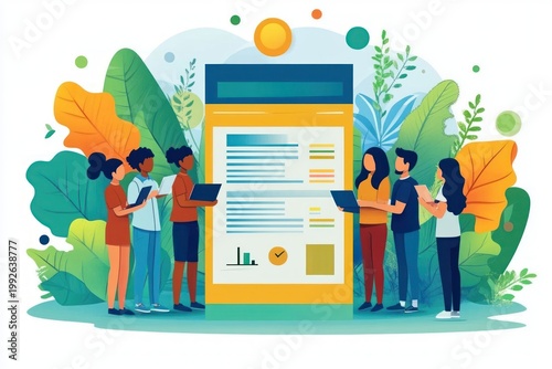 Diverse group of people collaborating around a large digital report with charts and laptops amid lush leaves, focused and upbeat