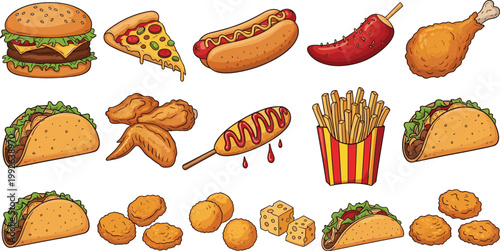 Fast Food Vector Collection Featuring Burger, Pizza, Hot Dog, Fries, Taco, Nuggets, and Cheese