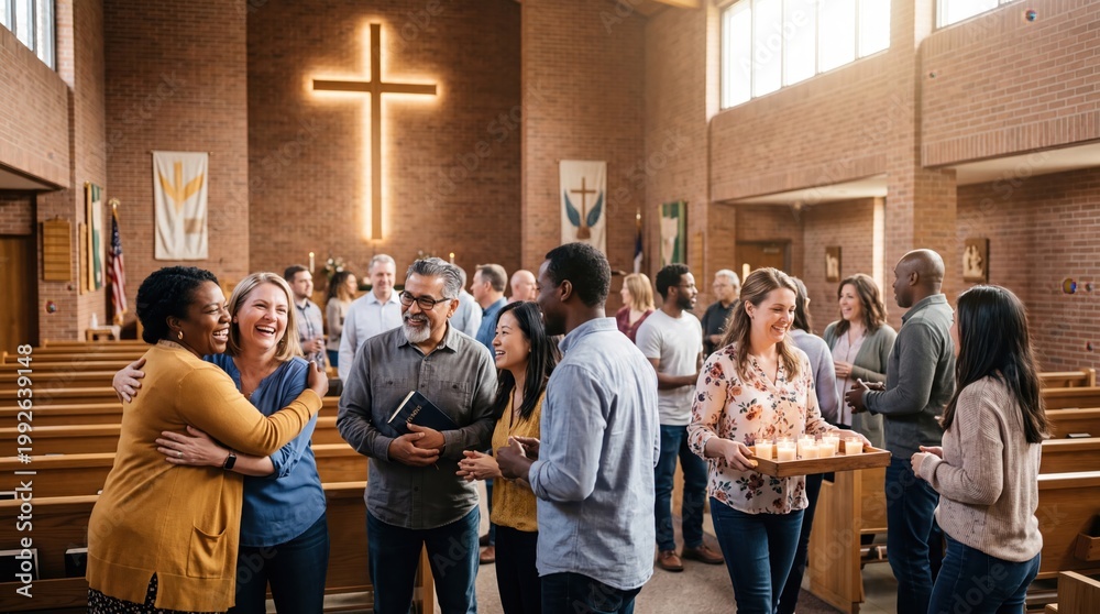 Fototapeta premium Diverse church congregation greeting each other in a bright sanctuary with wooden pews and glowing cross. Friendly mixed race group sharing fellowship during a community worship gathering inside a