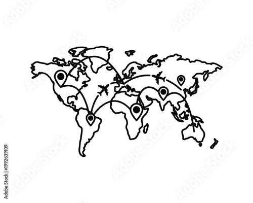 Global travel concept with airline flight routes connecting destinations on a world map outline.