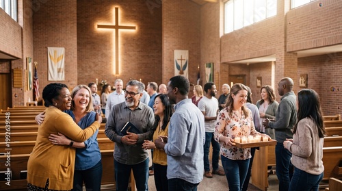Diverse church congregation greeting each other in a bright sanctuary with wooden pews and glowing cross. Friendly mixed race group sharing fellowship during a community worship gathering inside a