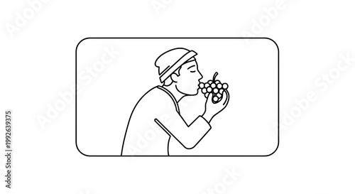 Man in beanie smelling fresh grapes, healthy eating, organic food, natural produce