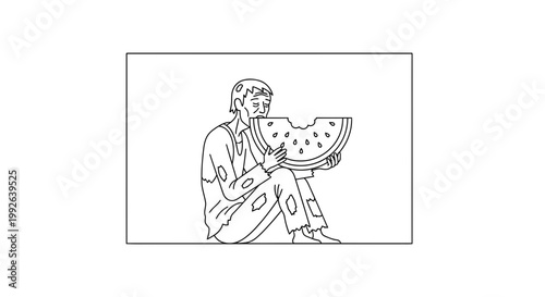 Hungry Man Eating Watermelon Slice, Poverty Concept