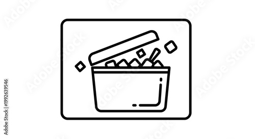 Ice Bucket Icon: Open Container with Ice Cubes and Scoop, Simple Line Art