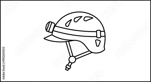 Illustration of a black and white cave helmet with a headlamp, safety gear for spelunking and adventure