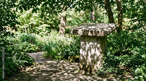 stone bench in a forest garden with green plants and trees