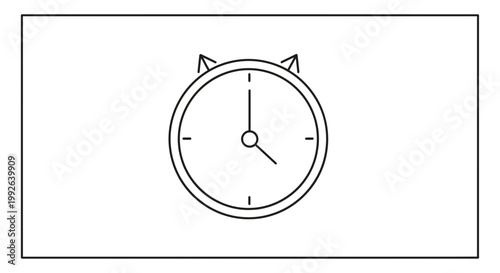 Cute Cat Alarm Clock Icon, Time Management Concept, Simple Line Art