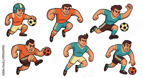 Soccer players in action cartoon illustration of athletes and ball