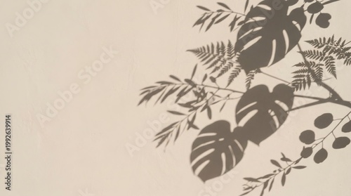 Monstera leaf shadow on beige wall tropical plant silhouette