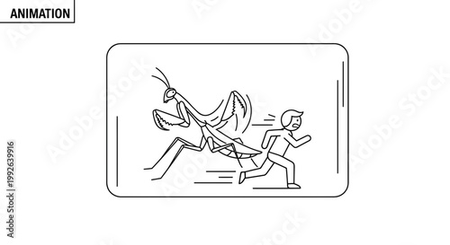 Giant Praying Mantis Chasing Terrified Man in Animation Style