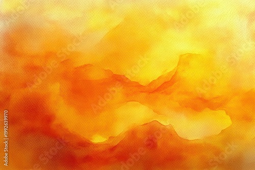 glowing golden watercolor landscape with soft mountain silhouettes and warm hazy sky conveying calm and warmth