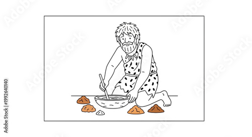 Caveman mixing ingredients in bowl, prehistoric cooking, early human life, Stone Age