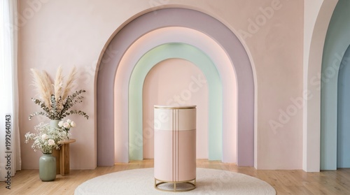 Modern interior design with pastel arches and pink cabinet