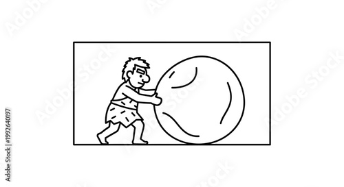 Caveman Pushing Large Stone Ball Forward, Ancient Discovery, Primitive Invention