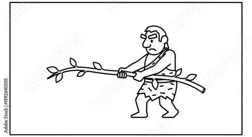 Caveman struggling with large branch, primitive man, prehistoric tool, ancient times
