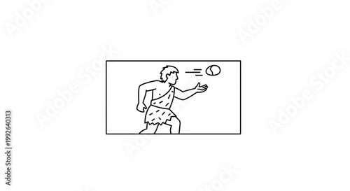 Caveman throwing a stone ball, prehistoric man playing ancient sport, primitive lifestyle