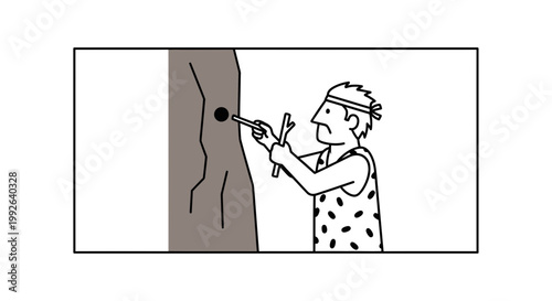 Caveman trying to make fire by rubbing sticks on a tree trunk