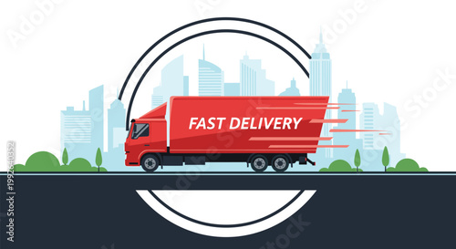 Fast delivery service concept shows a bright red truck speeding along a city road with a blue urban skyline in the background circle.