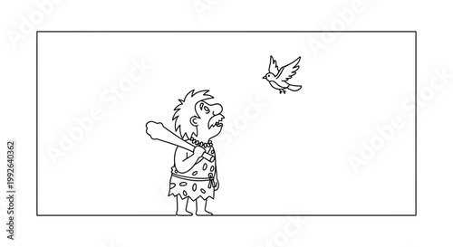 Caveman with club looks up at bird flying in cartoon style