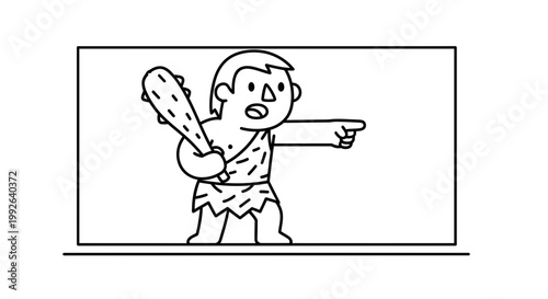 Caveman with Club Pointing Forward, Primitive Man Character, Stone Age Hunter