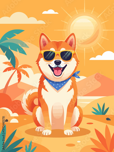 vector illustration of Happy shiba inu dog sitting with sunglasses, summer vibe, bright orange tones, minimal clean background